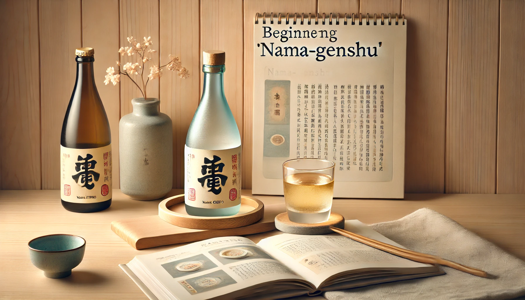 A horizontal image designed for beginners exploring 'Nama-genshu' (生原酒), featuring a cozy setup with a small wooden table holding a sake bottle labeled as '生原酒' and a chilled glass filled with sake. The scene includes a soft, inviting background with a light wooden texture, an open guidebook about sake, and small tasting notes placed beside the glass. A calm and approachable atmosphere is created to emphasize the beginner-friendly tone.